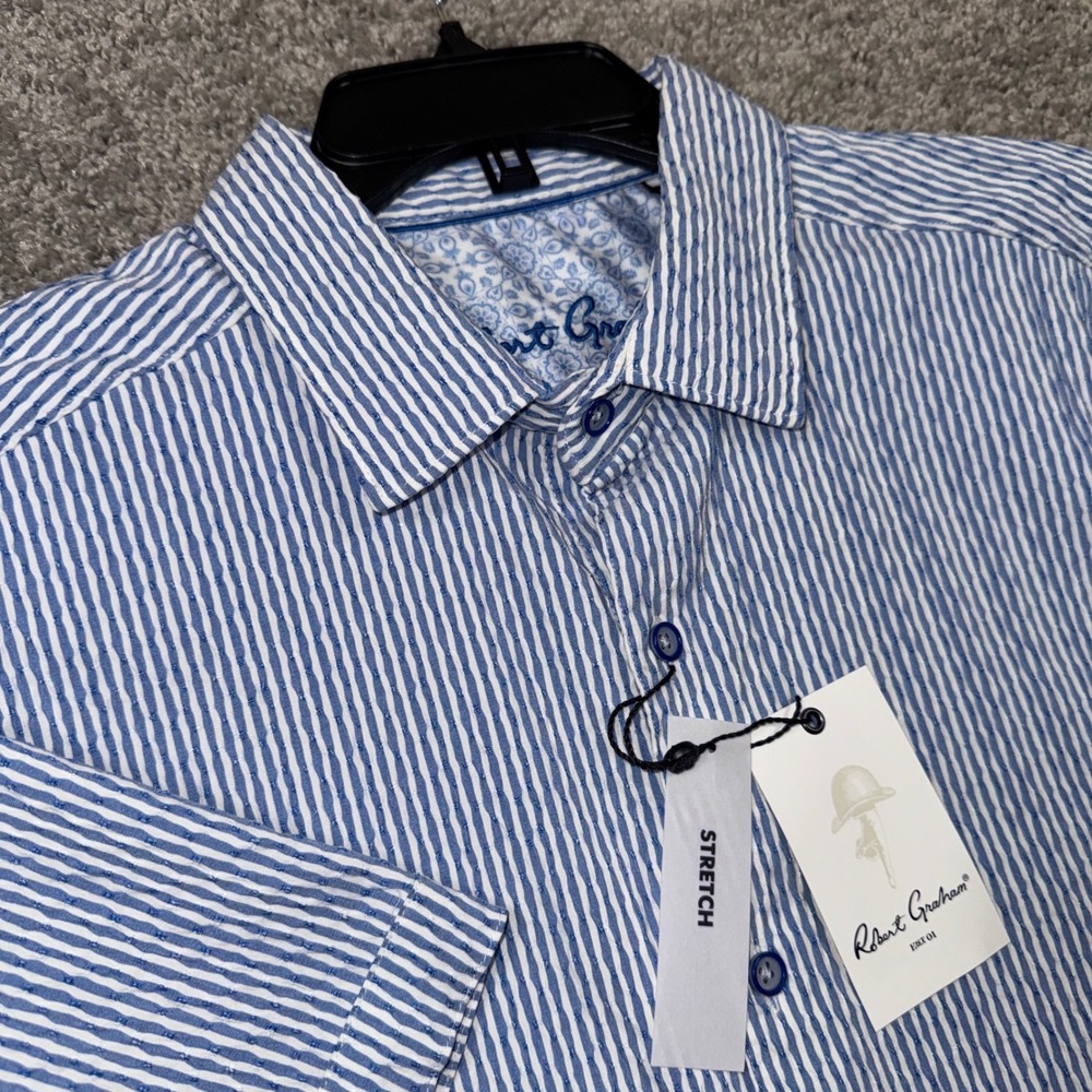 Robert Graham Fornillo Shirt Mens XL Blue White Striped Seersucker NEW